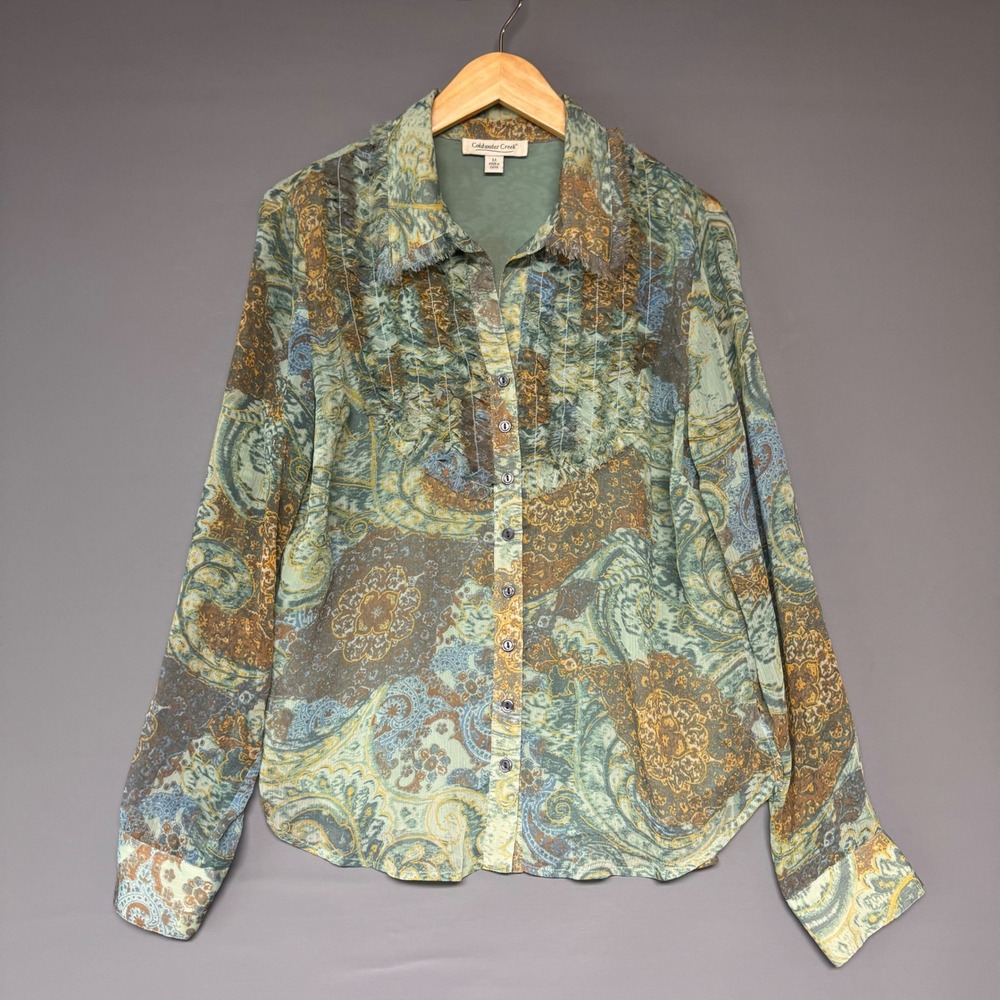 Coldwater Creek Womens Paisley Pintuck Lined Blouse Green Blue M M1098/386432